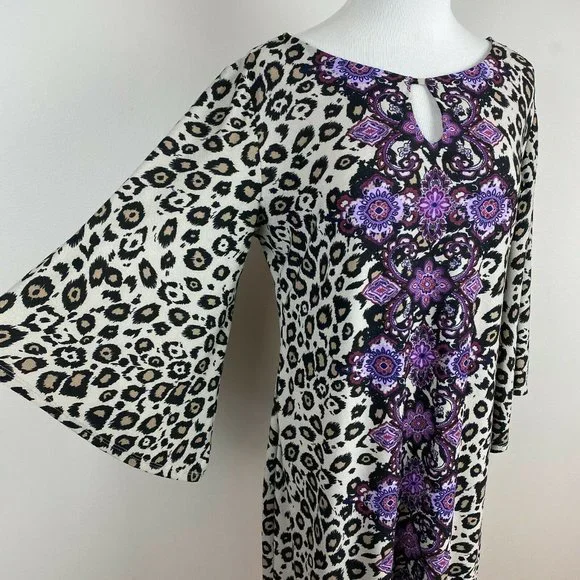 Dana Buchman Dress M Leopard Floral 3/4 Bell Sleeve Beige Tan Purple - Picture 11 of 11
